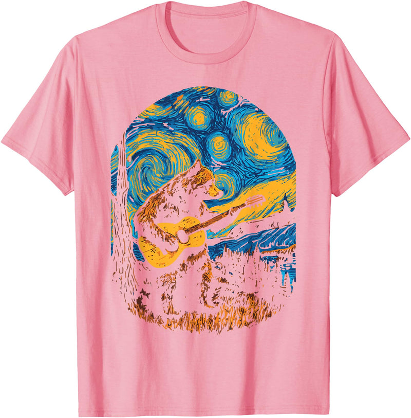 Bear playing Guitar Night-Sky Moon Guitar Grizzly Bear Blues Guitarist Starry Night Musician Music T-Shirt - Pink