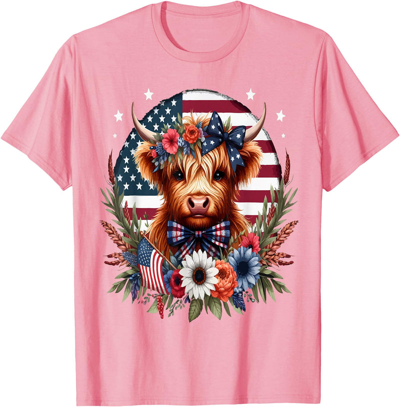 Funny July 4th Highland Cow Farm Lovers Gift Ideas Cute Highland Cow Florals 4th of July USA Flag Patriotic T-Shirt - Pink