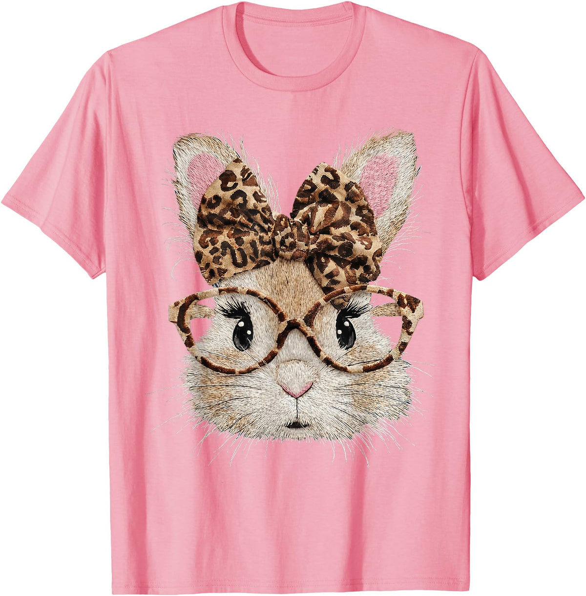 Cute Bunny Rabbit Face Leopard Coquette Bow Glasses Easter T-Shirt in Pink