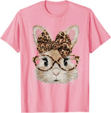 Cute Bunny Rabbit Face Leopard Coquette Bow Glasses Easter T-Shirt in Pink