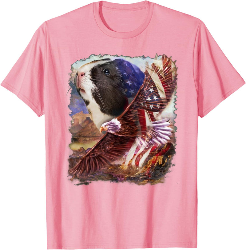 Guinea Pig American Flag 4th July Independence Eagle Women Kids Men T-Shirt - Pink