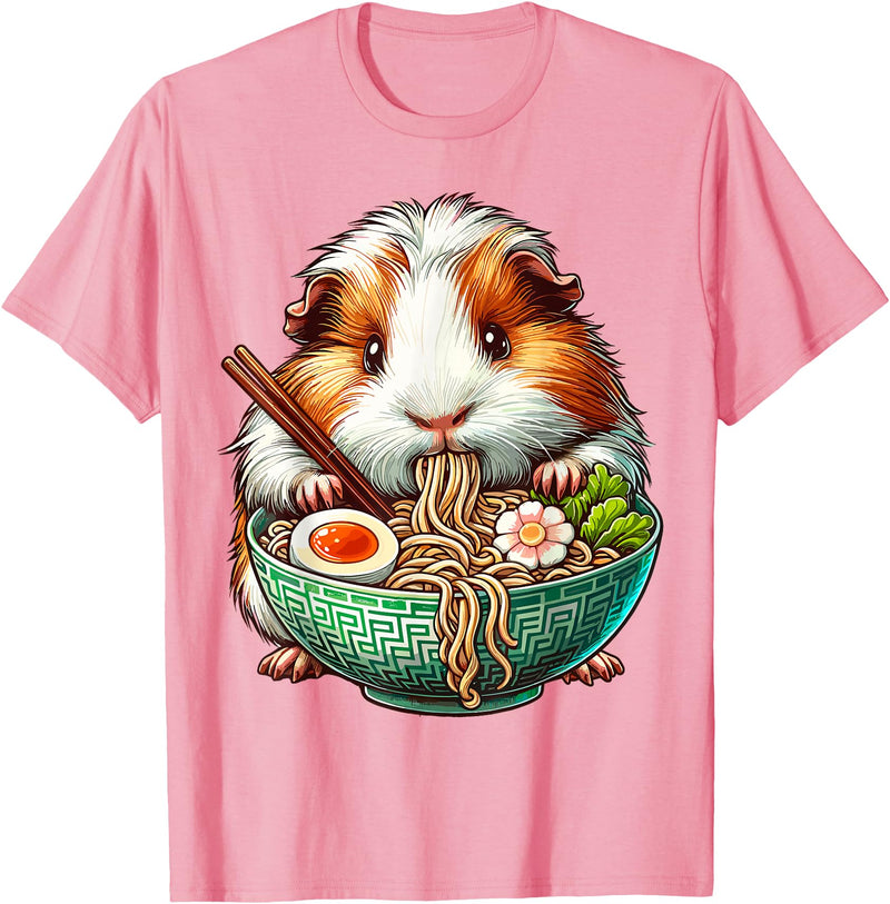 Cute Guinea Pig Gifts Guinea Pig Eating Ramen Japanese Noodles T-Shirt - Pink