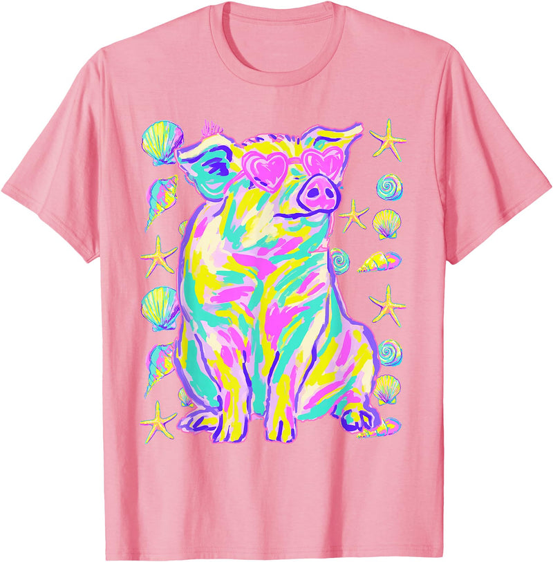 Coastal Summer Animals Beach Art Cute Pig with Hearts Sunglasses Seashells Coastal Summer T-Shirt - Pink