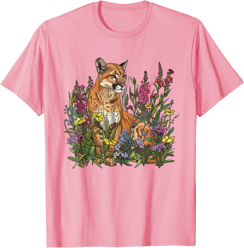 Mountain Lion Cougar Panther Catamount Designs Mountain Lion Amidst Wildflowers T-Shirt - Pink