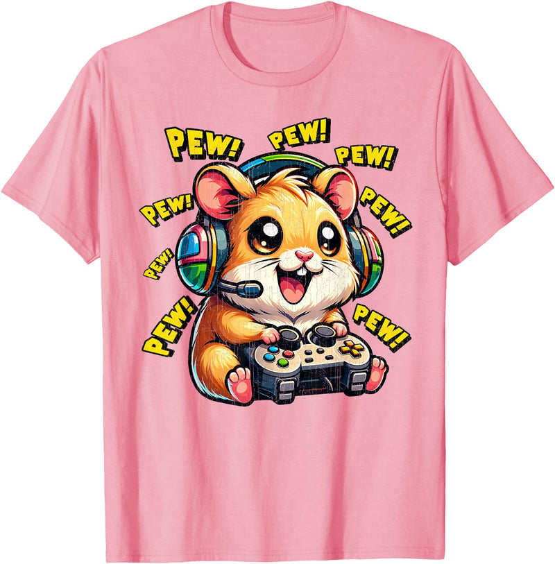 Hamster Gamer Pew Funny Video Games Vintage Boys Men Girls T-Shirt - Pink