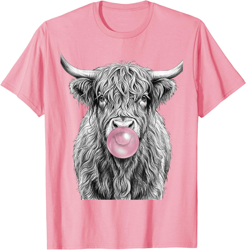 Bovine Bubbles Apparel Shaggy Highland Cow Blowing Bubble Gum Sketch T-Shirt - Pink