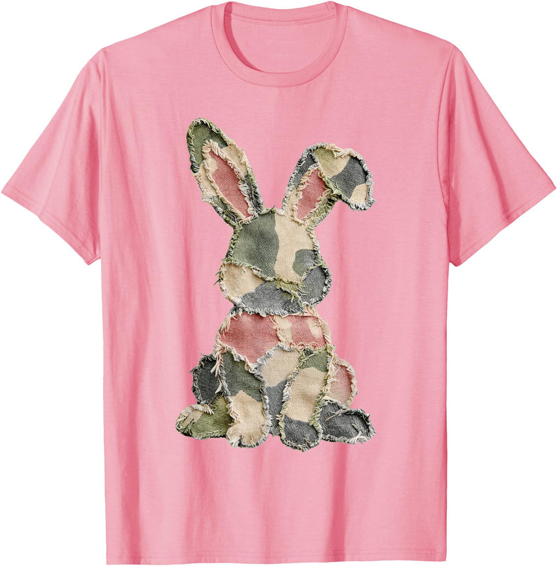 Funny Bunny Crochet Patchwork Camo Rabbit Happy Easter Day T-Shirt (Black) in Pink