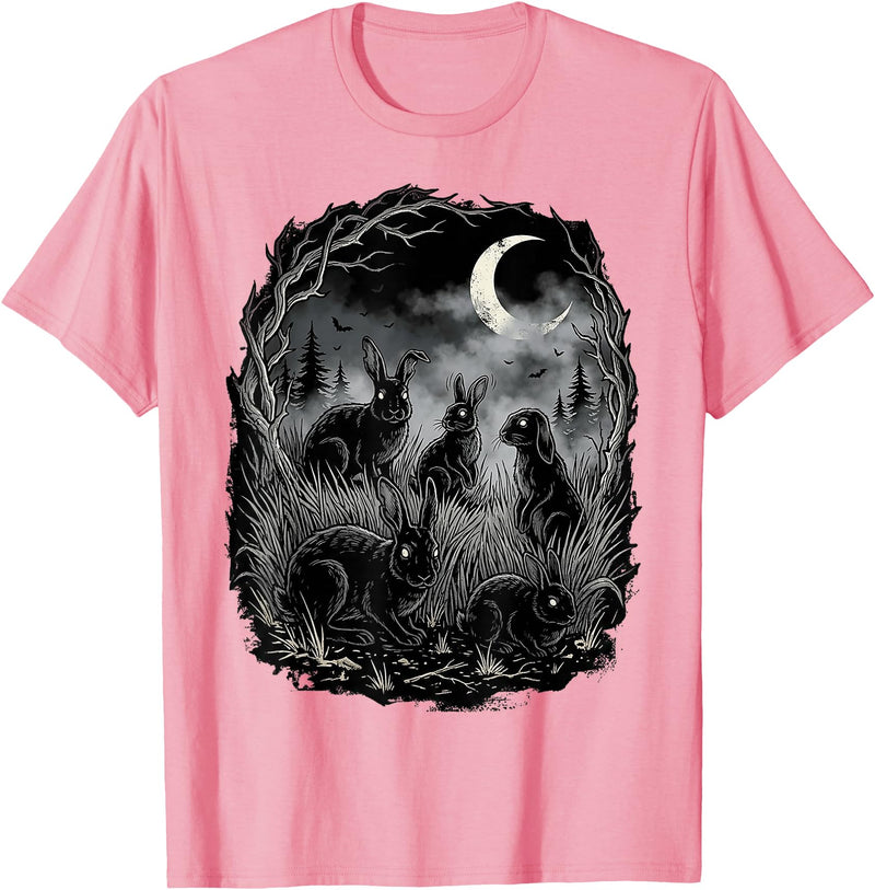 Midnight Woodland Rabbit Art Apparel Graphic Tees Creepy Black Rabbits Moonlit Forest Gothic Horror Halloween T-Shirt - Pink