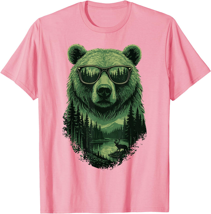 Bear Wildlife Deer Campfire Nature Apparel Bear Sunglasses Wildlife Deer Campfire Nature Vintage Forest T-Shirt - Pink