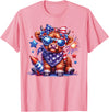 July 4th Highland Cow Farm Lovers America Costume Cute Highland Cow Florals 4th of July USA Flag Patriotic Cow T-Shirt - Pink