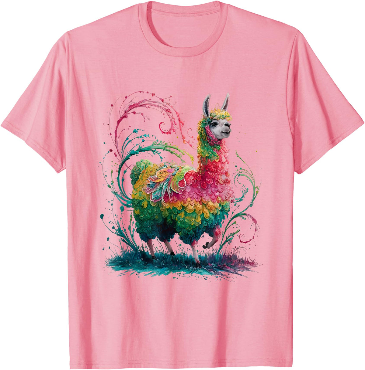 Colorful Watercolor Animal Designs Lama Men's Women's Colourful Watercolour Llama T-Shirt - Pink