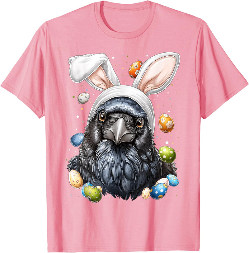 Crow Raven Easter Rabbit Eggs Bunny Ears T-Shirt in Pink
