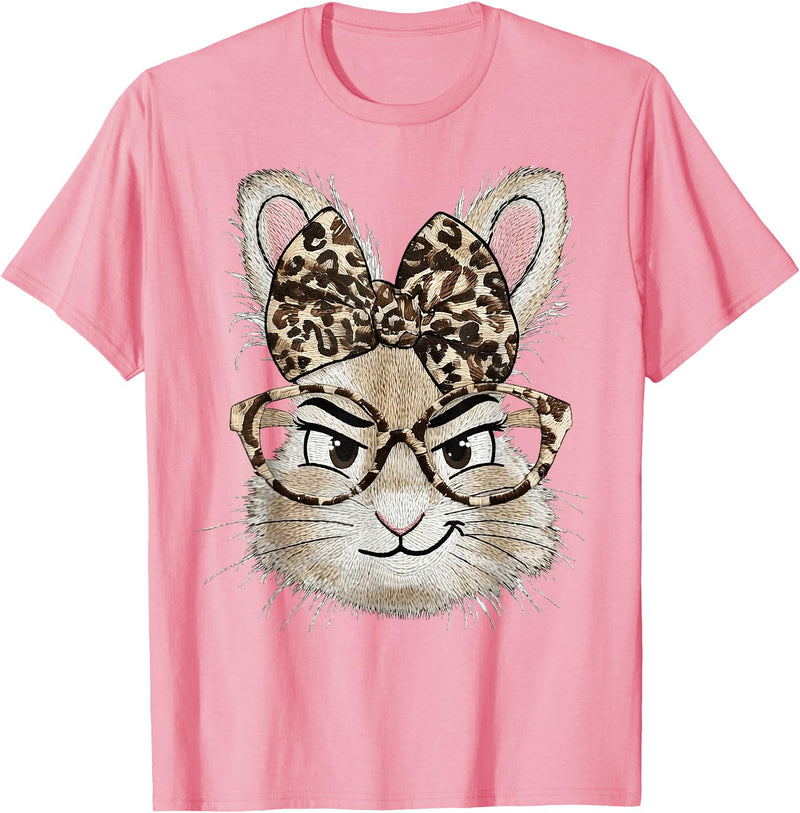 Bunny Glasses Bandana Leopard Funny Rabbit Happy Easter T-Shirt in Pink