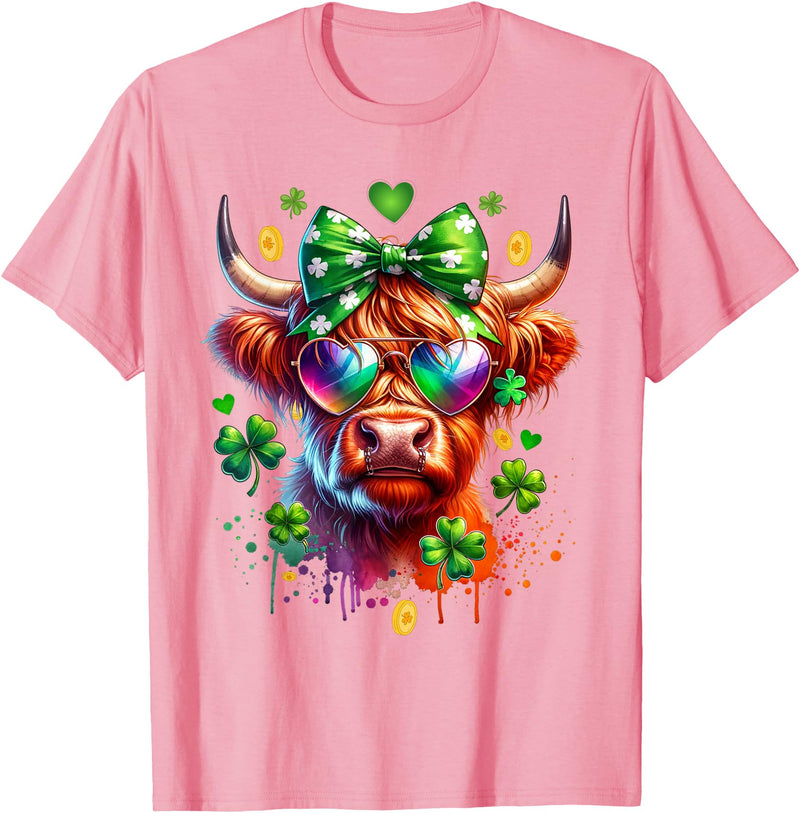 Funny St Paddy Highland Cow St Patricks Day Outfit Cute Highland Cow With Sunglasses St Patricks Day Funny T-Shirt - Pink