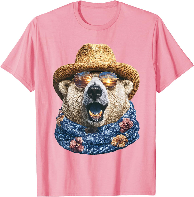 Whimsical Coastal Animals Beachgoers Cute Polar Bear with Sunglasses and Straw Hat Animal Summer T-Shirt - Pink