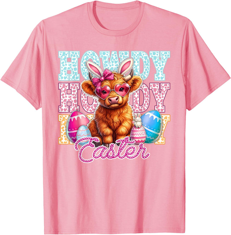 Highland Cow Easter Cute Western Farm Apparel Howdy Easter Cute Highland Cow Bunny Ears Western Easter T-Shirt - Pink