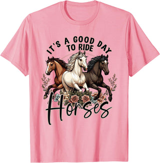 It's A Good Day to Ride Horses Floral Girls Womans T-Shirt - Pink