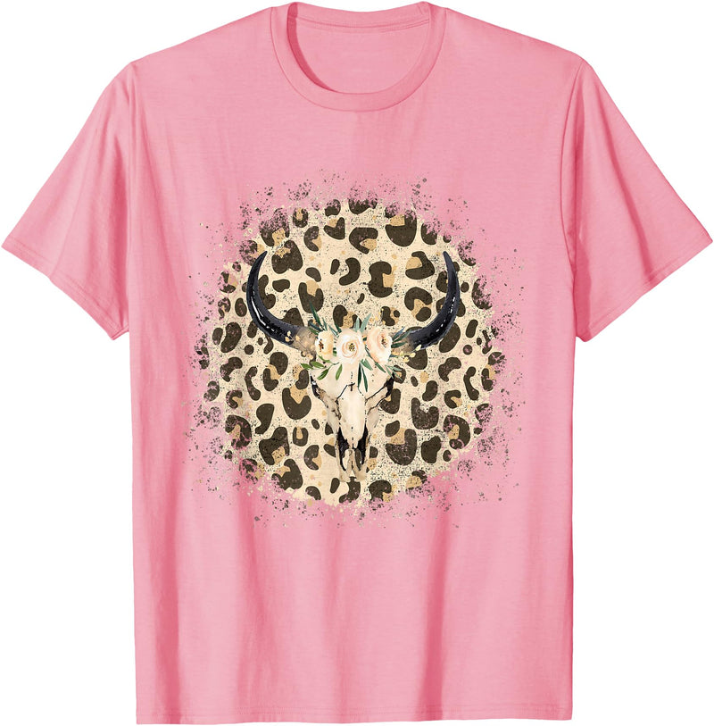 Funny Leopard Cow Skull designs Funny Leopard Cow Skull print Flower Rustic Turquoise T-Shirt - Pink