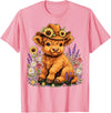 Floral Highland Cow Farm Animal Cute Highland Cow with Flowers and Cowboy Hat T-Shirt - Pink