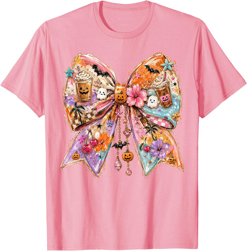 Summerween Tees NYC Summerween Bow Coquette Summer Halloween Ghosts Beach Coffee T-Shirt - Pink