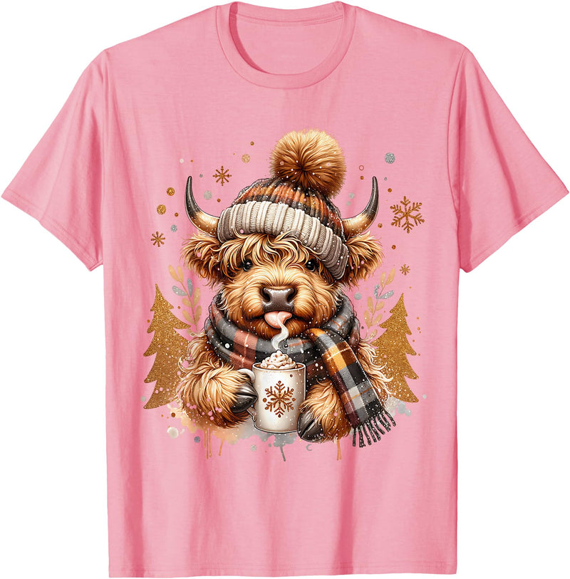 Highland Cow Land of NYC Cute Highland Cow Christmas Trees Winter Hot Cocoa Chocolate T-Shirt - Pink