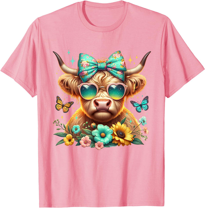 Highland Cow Land of NYC Highland Cow Mama Floral Bow Glasses Butterfly Orange Teal T-Shirt - Pink