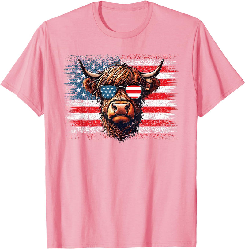 Funny Cute Highland Cow 4th Of July Farmer Gifts Highland Cow American Flag Farm Cow Lover Patriotic Vintage Style T-Shirt -