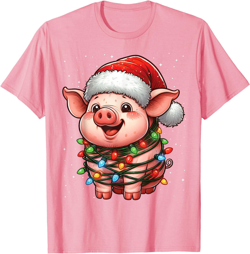 Wrapped with Christmas Lights Pig Christmas Lights Santa Hat Xmas Snow T-Shirt - Pink