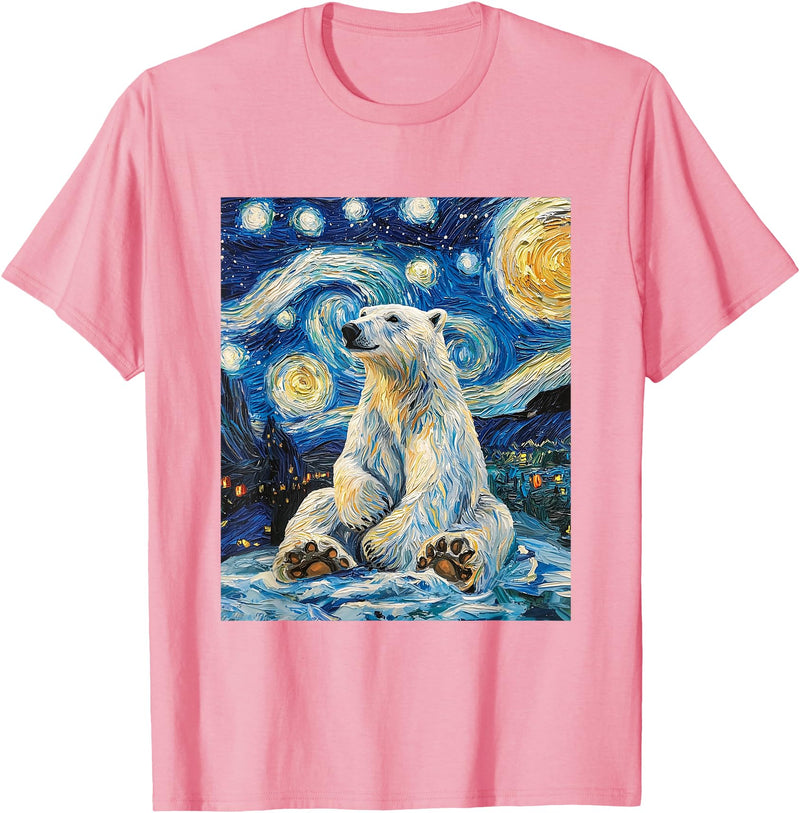 Bear Designs. Cute Polar Bear Van Gogh Style Starry Night Funny Graphic T-Shirt - Pink