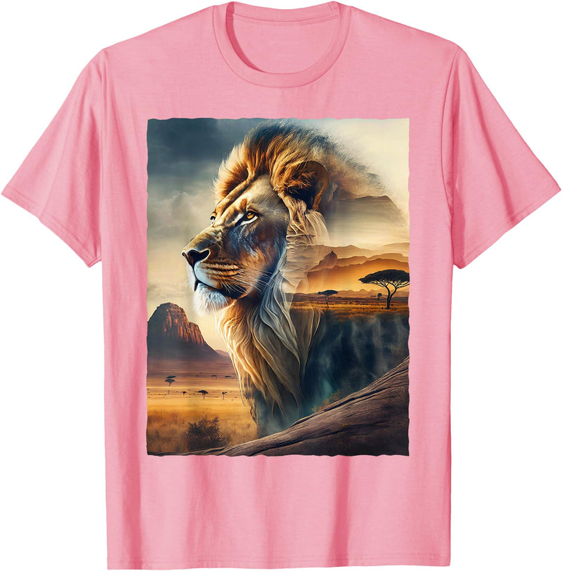 African Safari Lion Savanna Wildlife African Safari Lion Double Exposure Savanna Wildlife T-Shirt - Pink