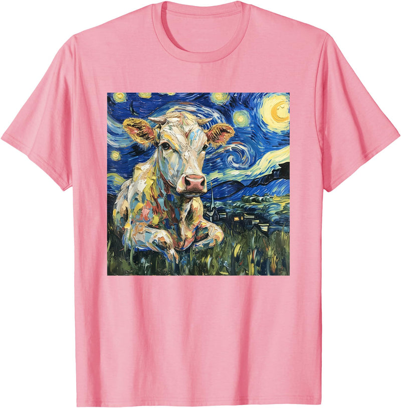 Cow Lover Co. Cow Van Gogh Style Starry Night T-Shirt - Pink