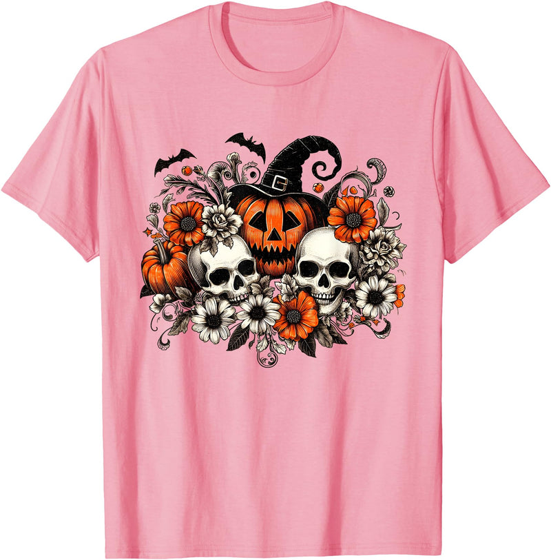 Scary Halloween Skull Pumpkin Halloween Vintage Skull Pumpkin Flowers T-Shirt - Pink