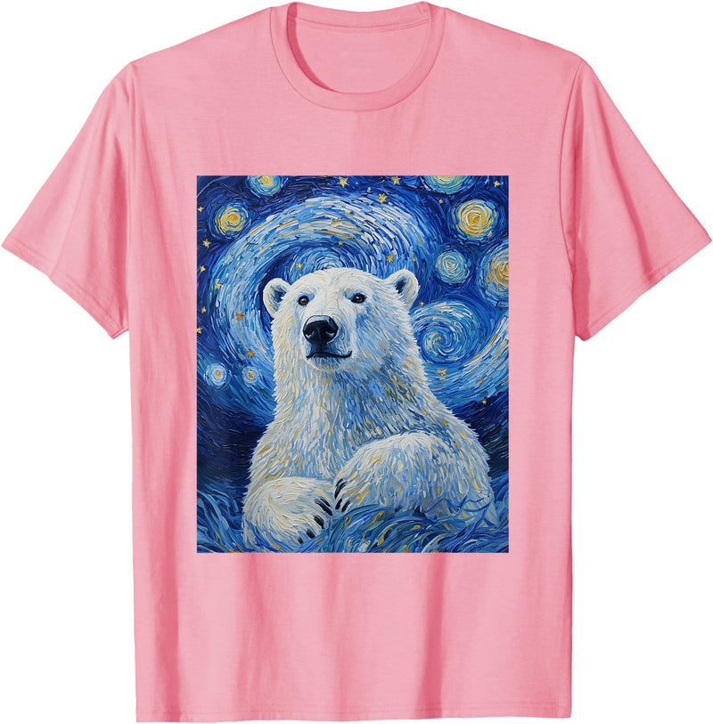 Bear Designs. Cute Polar Bear Van Gogh Style Starry Night Graphic T-Shirt - Pink