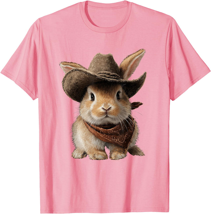 Cute Bunny Rabbit Cowboy Hat Easter Day T-Shirt in Pink
