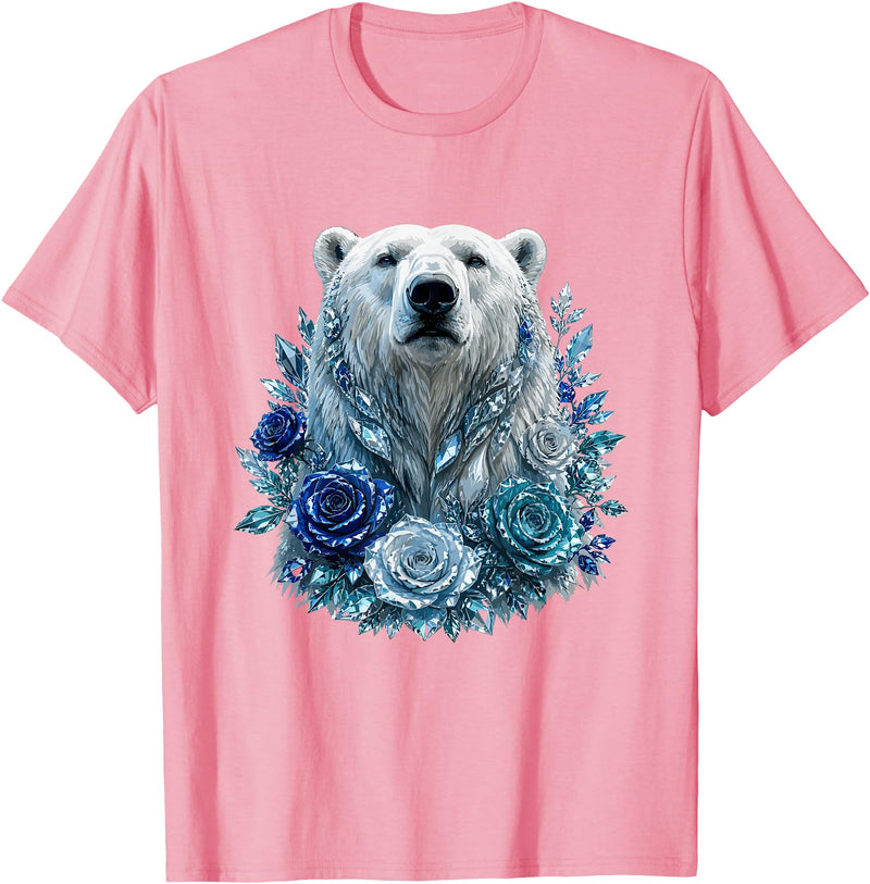 Arctic Polar Bear Crystal Rose Winter Spirit Majestic Polar Bear with Blue Ice Crystal Roses T-Shirt - Pink
