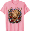 Funny July 4th Highland Cow Farm Lovers Highland Cow Florals 4th of July USA Flag Patriotic Women T-Shirt - Pink