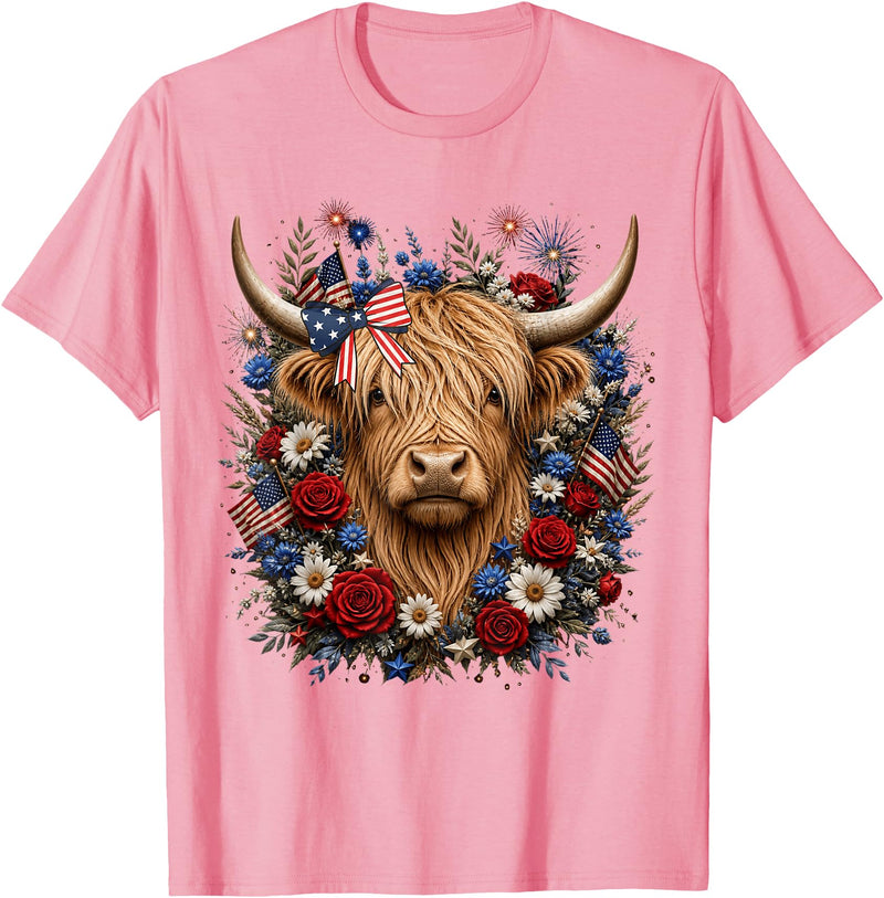 Funny July 4th Highland Cow Farm Lovers Highland Cow Florals 4th of July USA Flag Patriotic Women T-Shirt - Pink