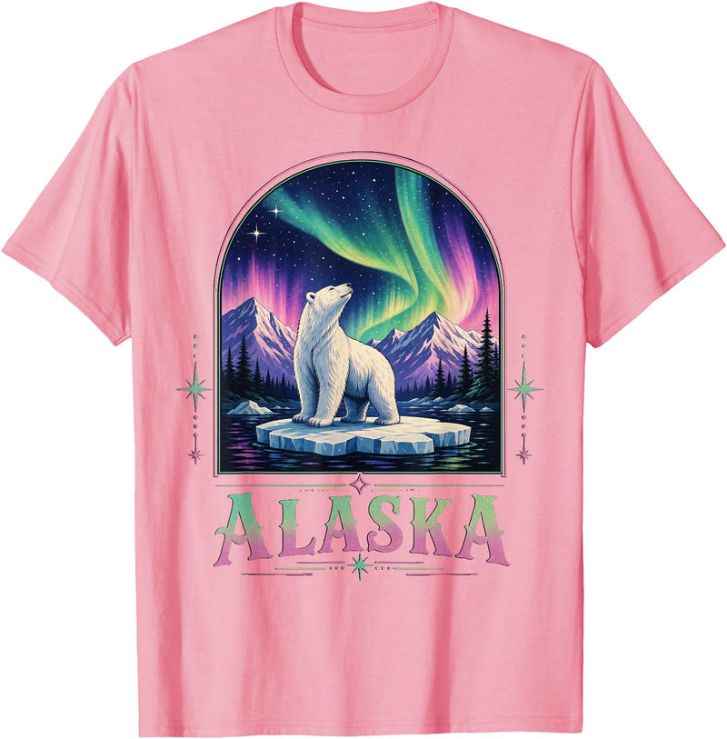 Polar Bear Art Lovers Polar Bear Under Aurora Borealis T-Shirt - Pink