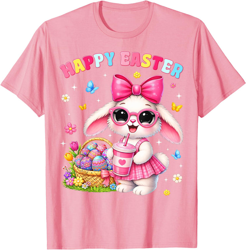 Happy Easter Coquette Easter Egg Rabbit Bunny Women Girl Kid T-Shirt in Pink