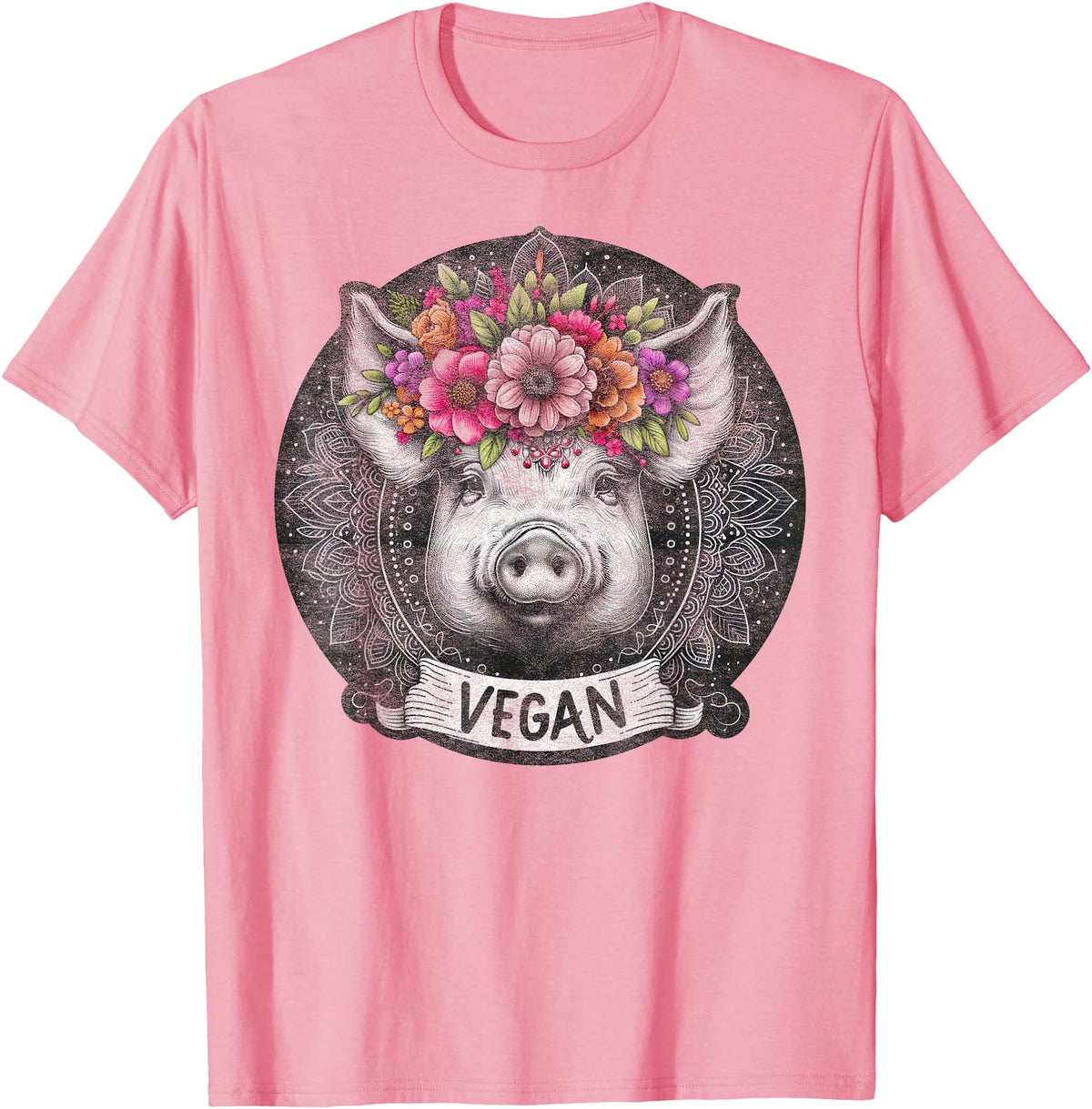 Pig with Flowers Vegan Retro Products Pig with Flowers Vegan Retro – Boho Hippie Cute T-Shirt - Pink