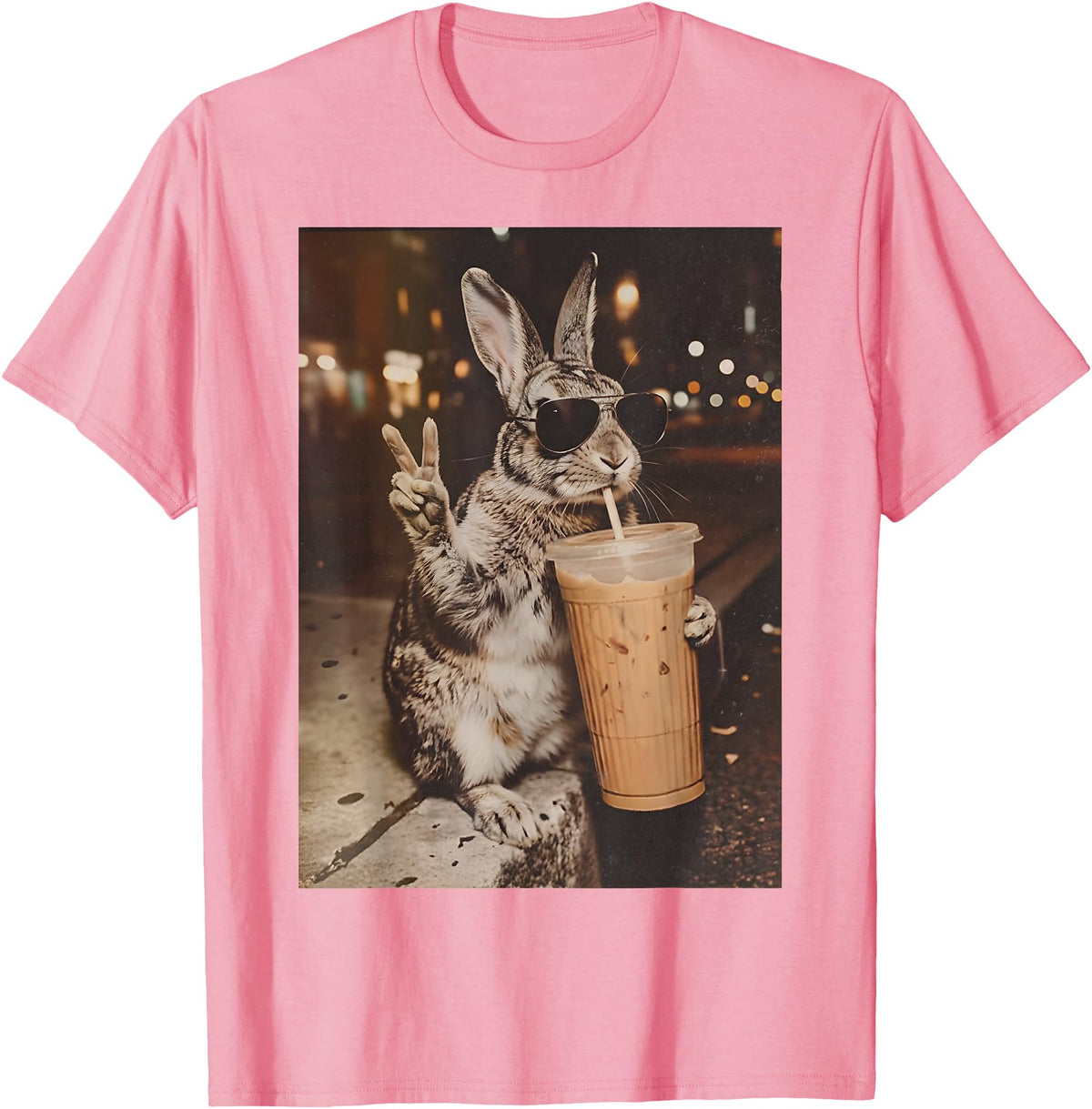 Rabbit Drinking Iced Coffee Funny Easter Bunny Men Women T-Shirt in Pink