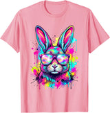 Happy Easter Bunny Face Tie Dye Bunny Rabbit with Glasses T-Shirt in Pink