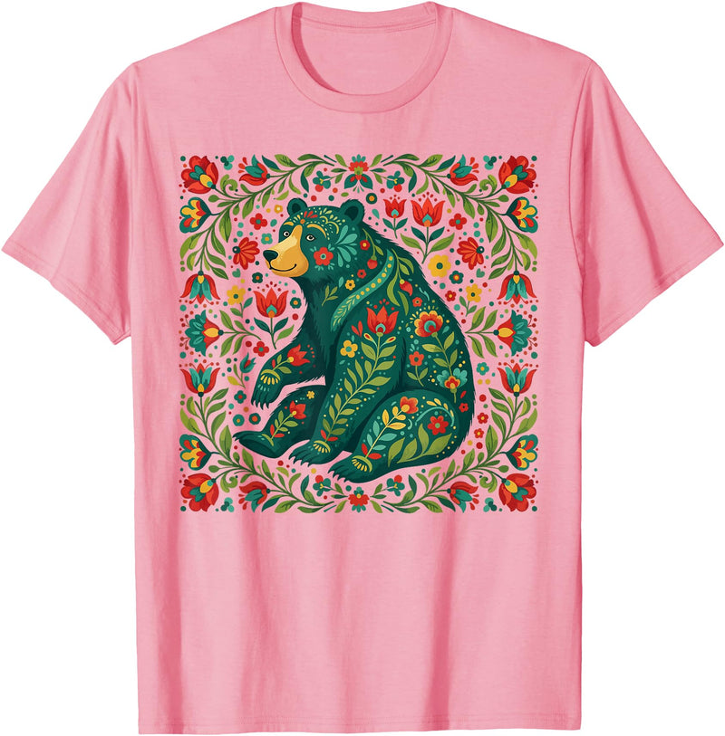 Nordic Scandinavian Folk Art Flower Designs Scandinavian Folk Art Bear Floral Pattern Nordic Animal T-Shirt - Pink