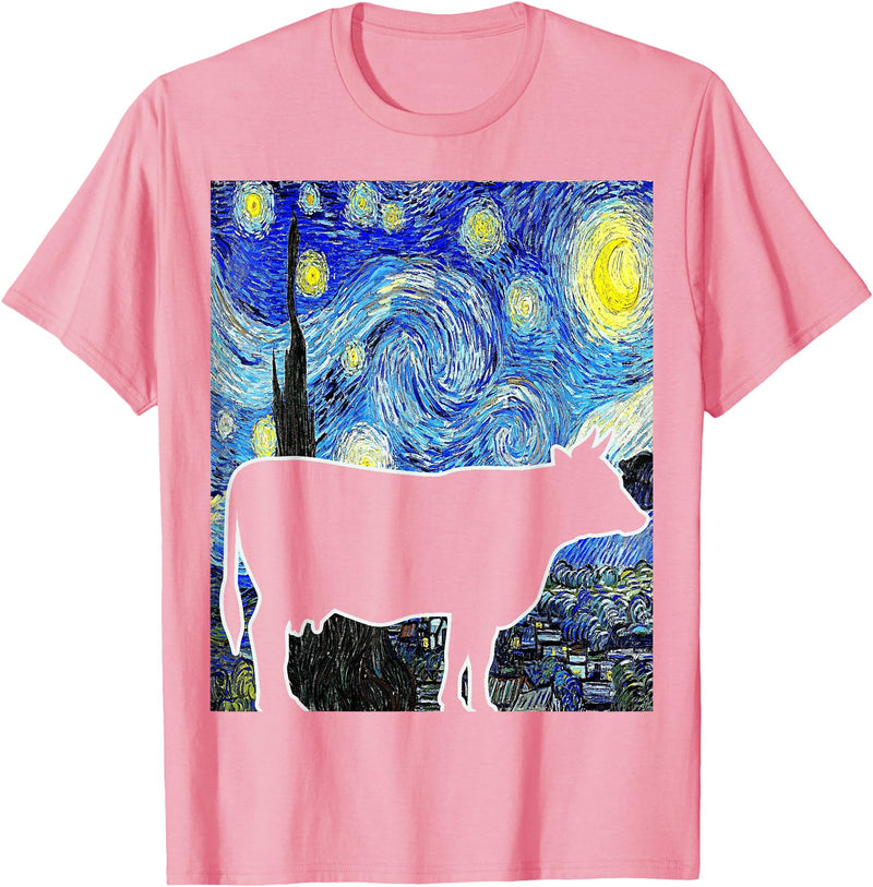 Funny Cow Van Gogh Famous Painting Cow Starry Night Van Gogh Funny Cow Farmer T-Shirt - Pink