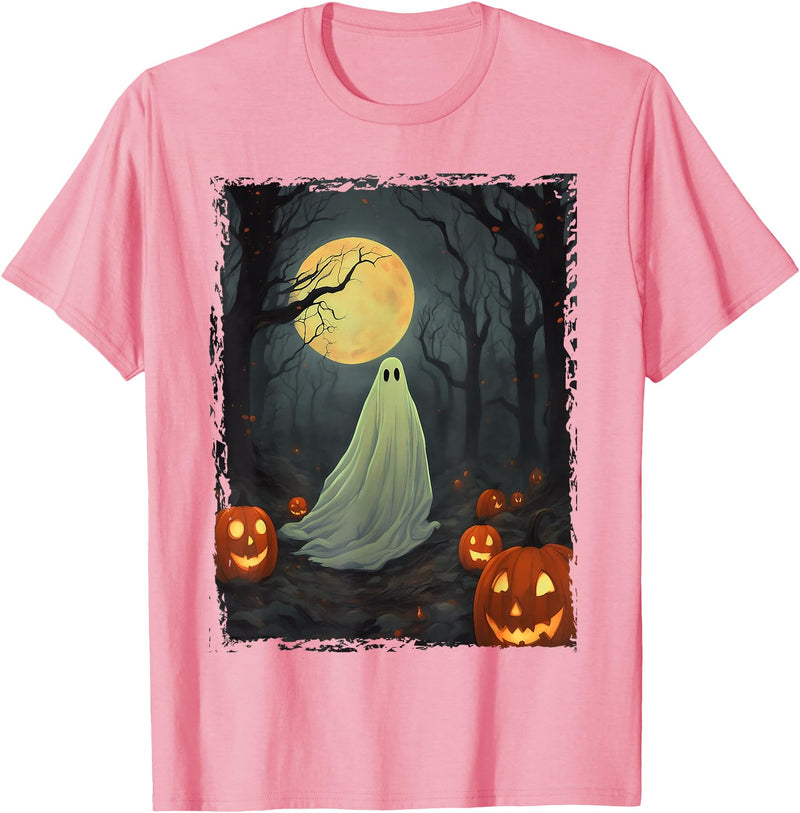 Dibble Dabble Designs Halloween Vintage Ghost in Gothic Forest Full Moon Halloween T-Shirt - Pink