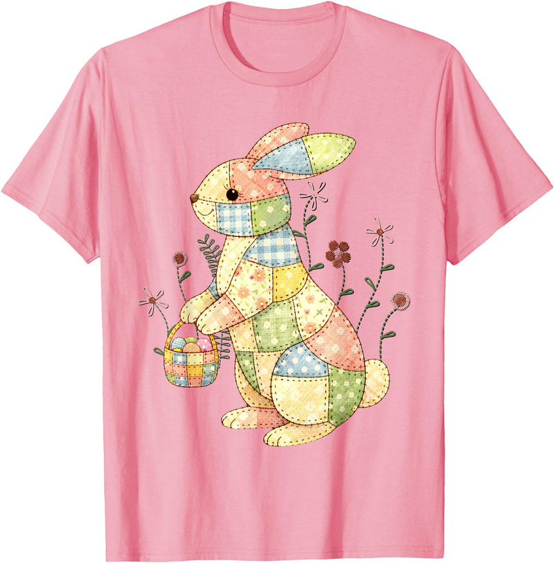 Patchwork Easter Bunny Rabbit Quilting Quilters Sewers T-Shirt in Pink