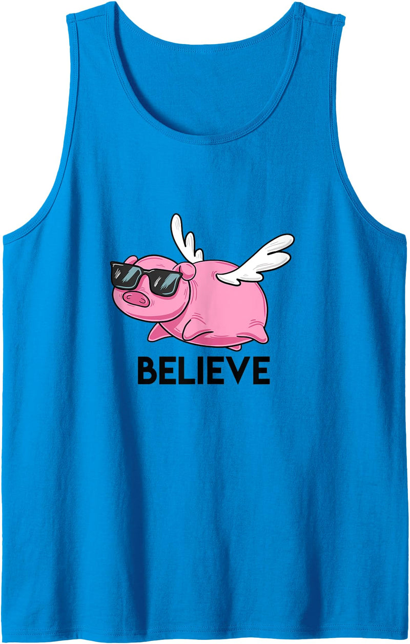 BoredKoalas Puns Believe Flying Pig with Sunglasses Funny Animal Puns Gift Tank Top - Sapphire Blue