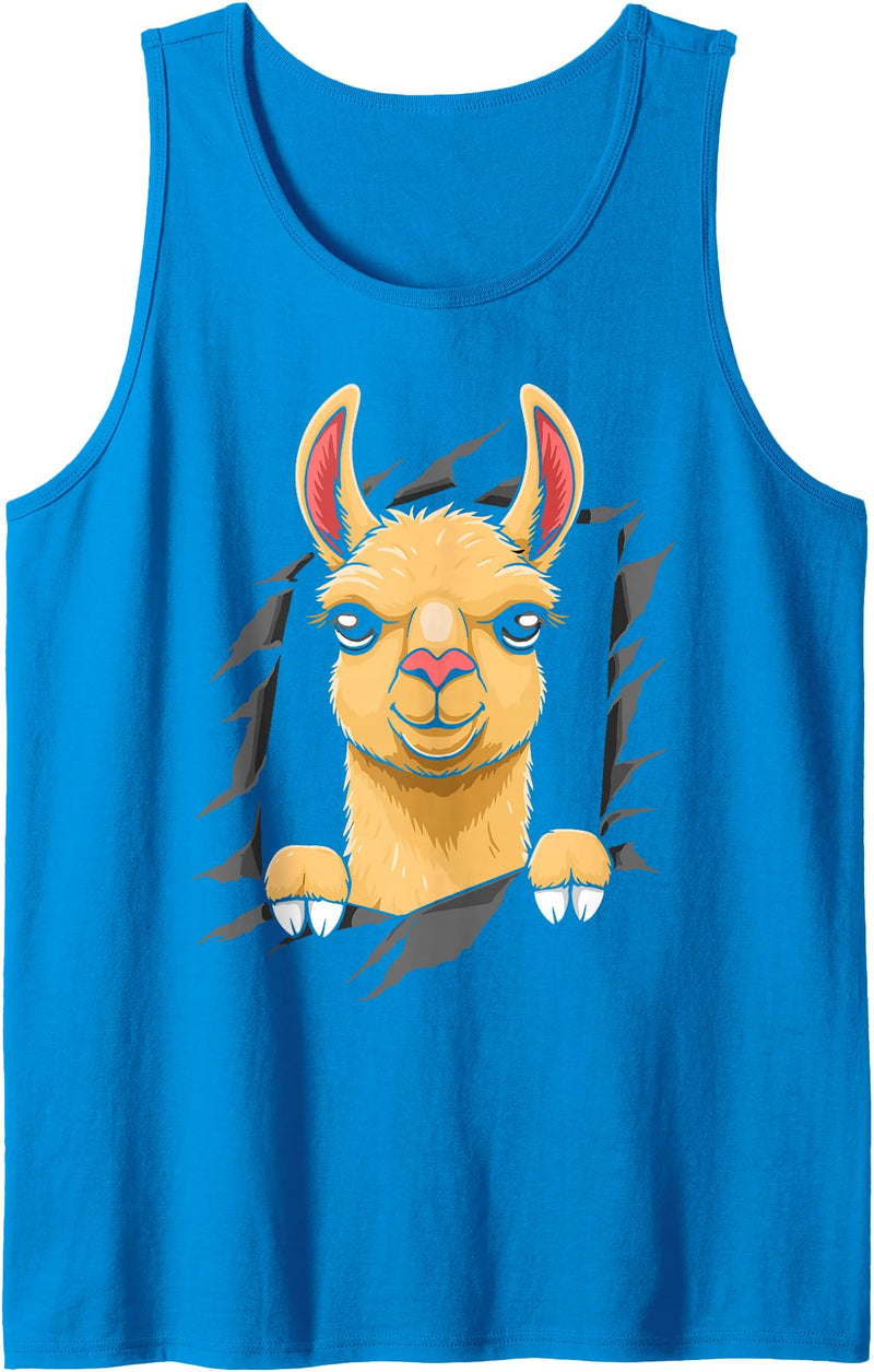 Llama looks from torn fabric Cute llama torn fabric funny llama lovers kids women men Tank Top - Sapphire Blue