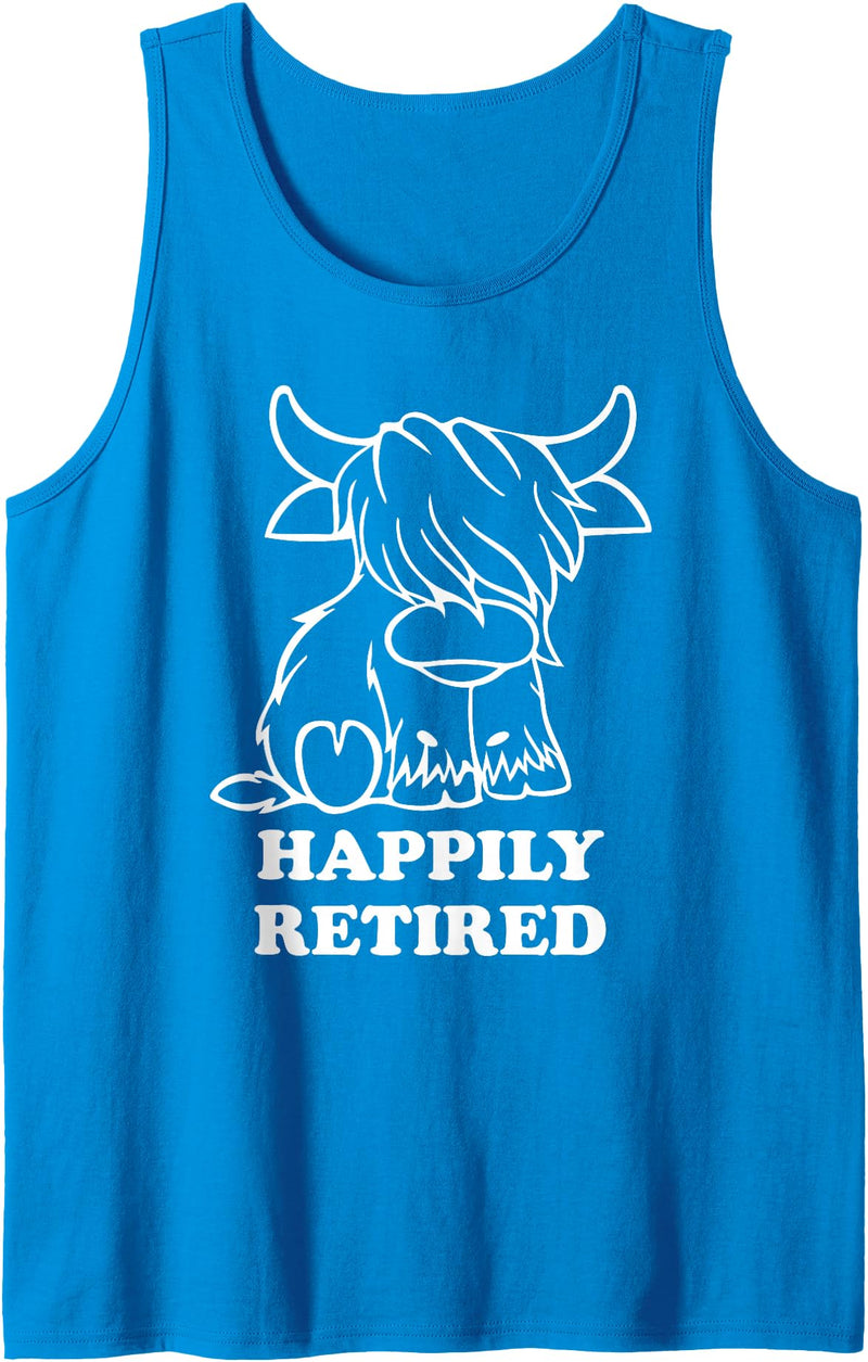 Cow Retirement Gifts Happily Retired Highland Cow Retirement Tank Top - Sapphire Blue