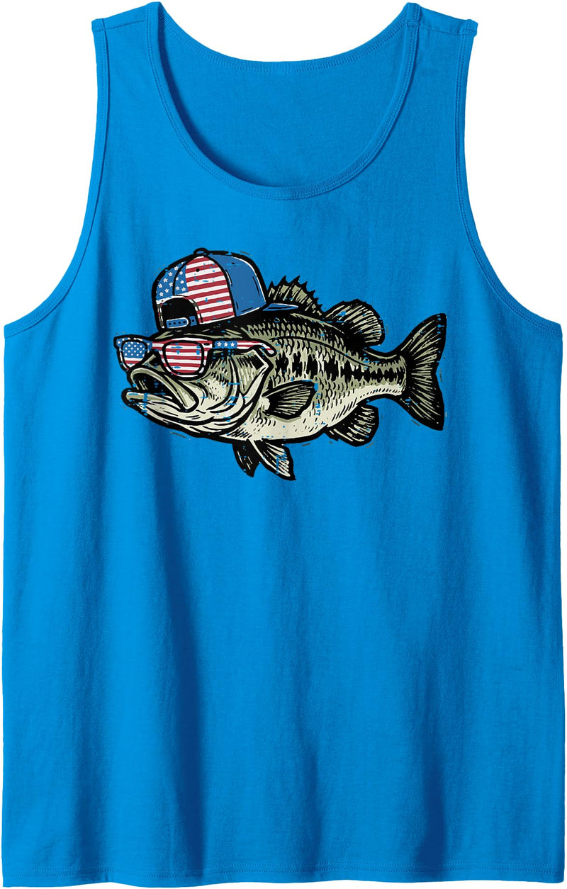 4th Of July For Women Men Kids Fourth Gift 4th of July Bass Fish US Flag Cap Patriotic Fishing Men Kids Tank Top - Sapphire Blue